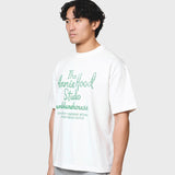 White ANNIE HOOD FACTORY T-SHIRT made of 280gsm cotton with relaxed fit worn by 6'0 model in size M