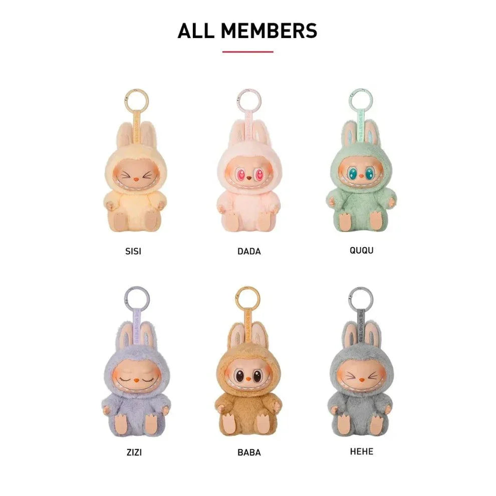 POP MART Labubu The Monsters Have a Seat Series vinyl plush pendant set featuring six colorful characters with keychain loops