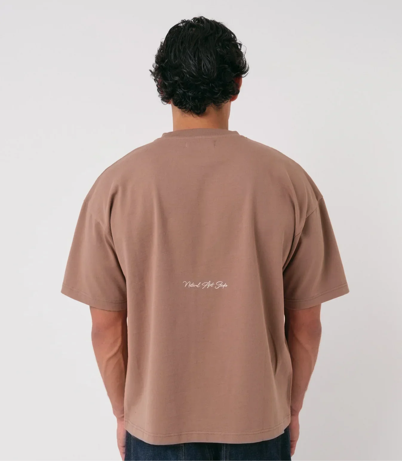 Natural Art Studio Mocha Tee with screen printed back logo, boxy fit, oversized drop shoulder, made of 100% cotton.