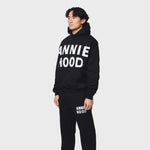 Black ANNIE HOOD APPLIQUE HOODY in relaxed fit with 500gsm brushback cotton worn by 6'0 model