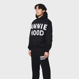 Black ANNIE HOOD APPLIQUE HOODY in relaxed fit with 500gsm brushback cotton worn by 6'0 model