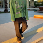 Suavo World Mom long sleeve green shirt with faded lime wash, distressed vintage style, and multi-layered sketch graphics