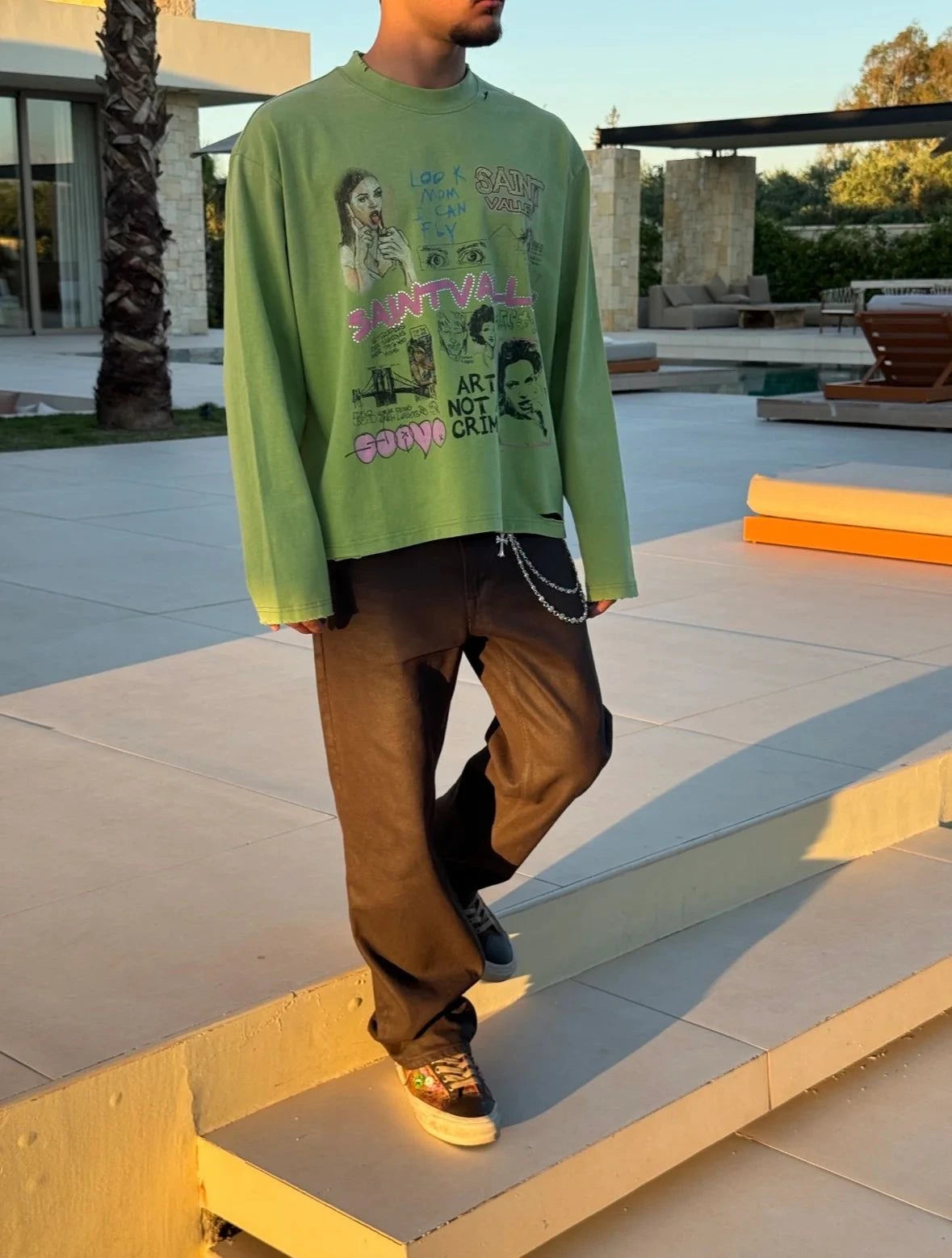 Suavo World Mom long sleeve green shirt with faded lime wash, distressed vintage style, and multi-layered sketch graphics