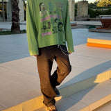 Suavo World Mom long sleeve green shirt with faded lime wash, distressed vintage style, and multi-layered sketch graphics