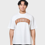 White ANNIE HOOD college arch t-shirt in relaxed fit, 280gsm cotton, worn by 6'0 model in size M