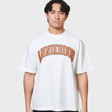 White ANNIE HOOD college arch t-shirt in relaxed fit, 280gsm cotton, worn by 6'0 model in size M