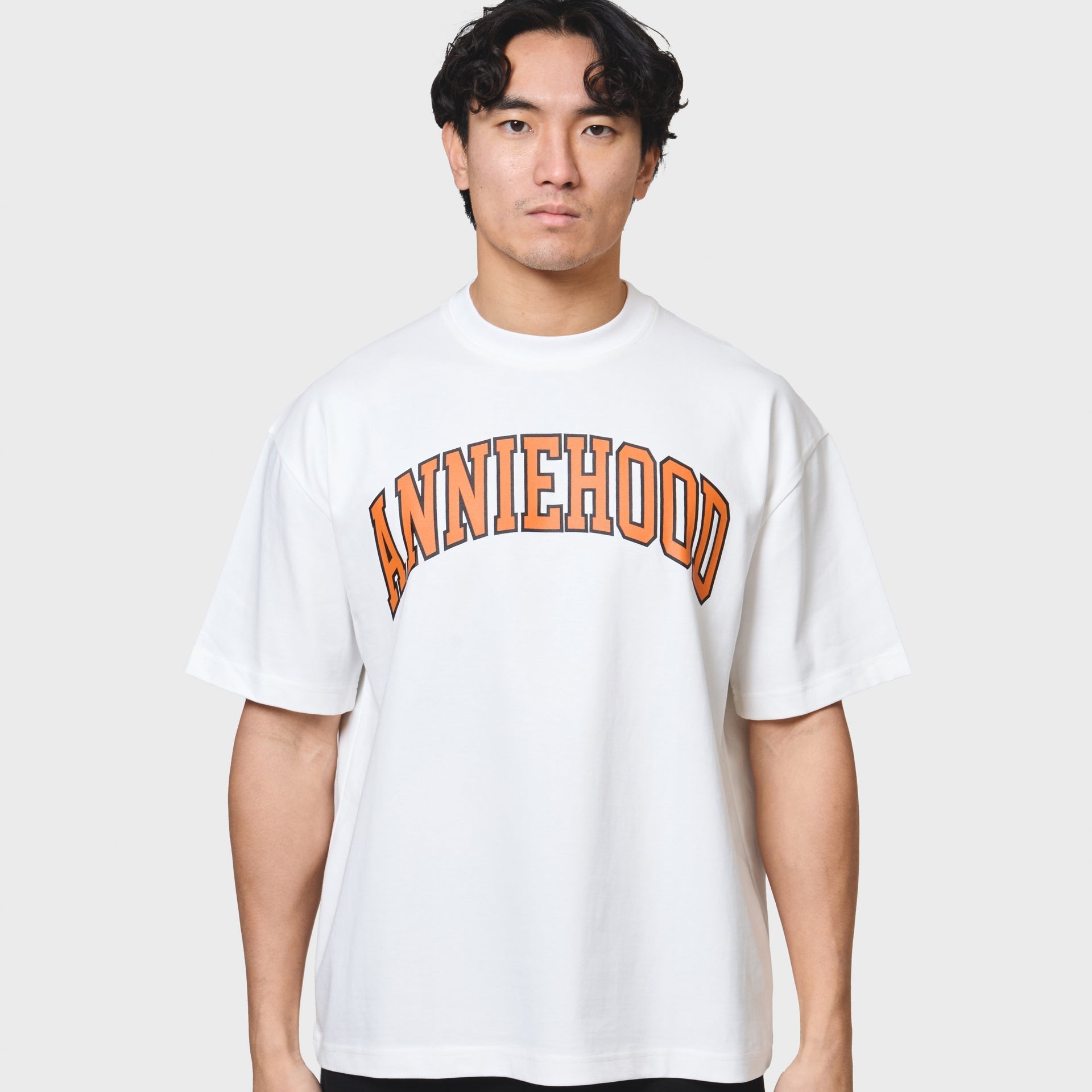 White ANNIE HOOD college arch t-shirt in relaxed fit, 280gsm cotton, worn by 6'0 model in size M