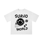 Suavo World Waffle Smiley T-Shirt in white with vintage smiley graphic and ribbed crewneck collar.