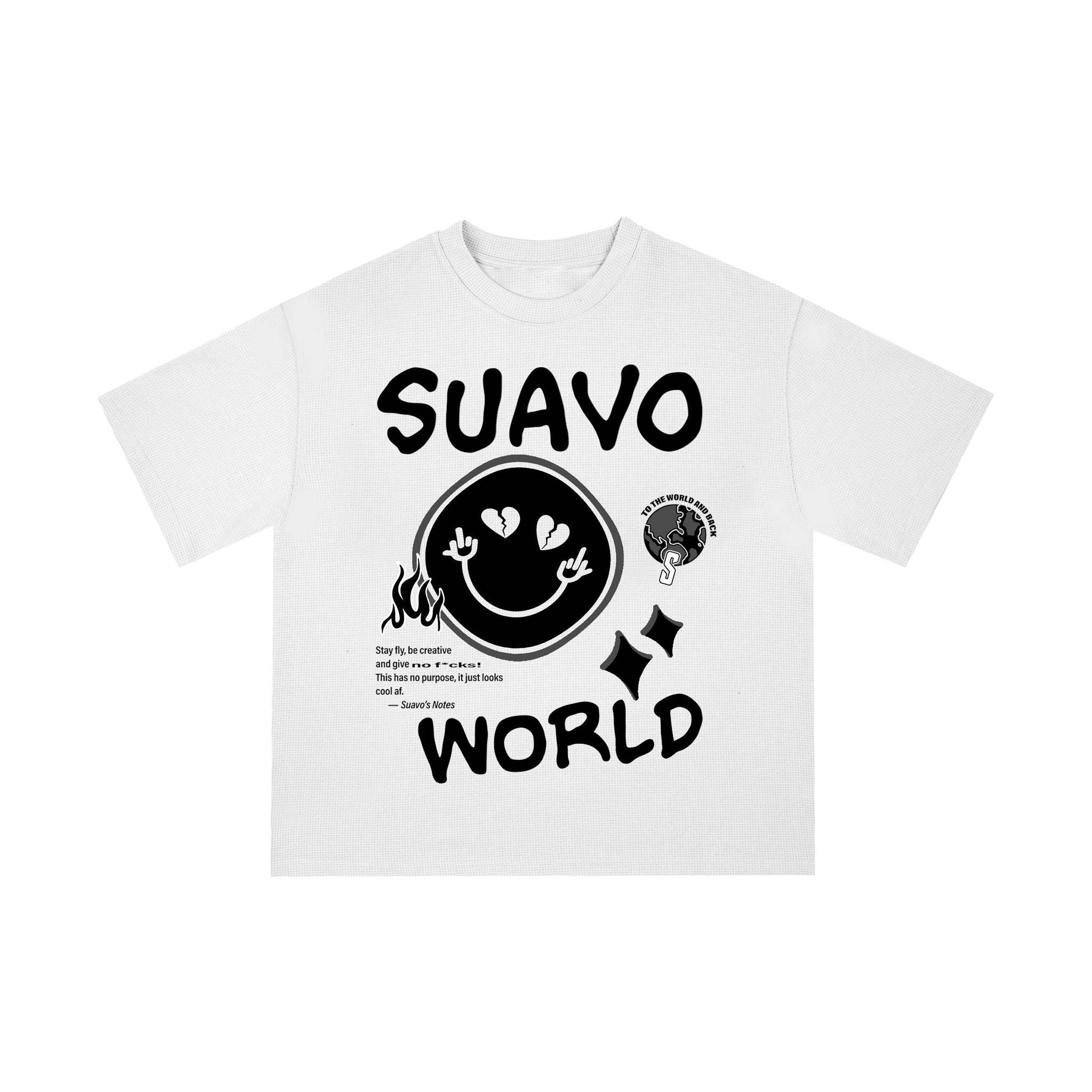 Suavo World Waffle Smiley T-Shirt in white with vintage smiley graphic and ribbed crewneck collar.