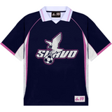 Suavo World navy football jersey with white and pink accents and eagle logo