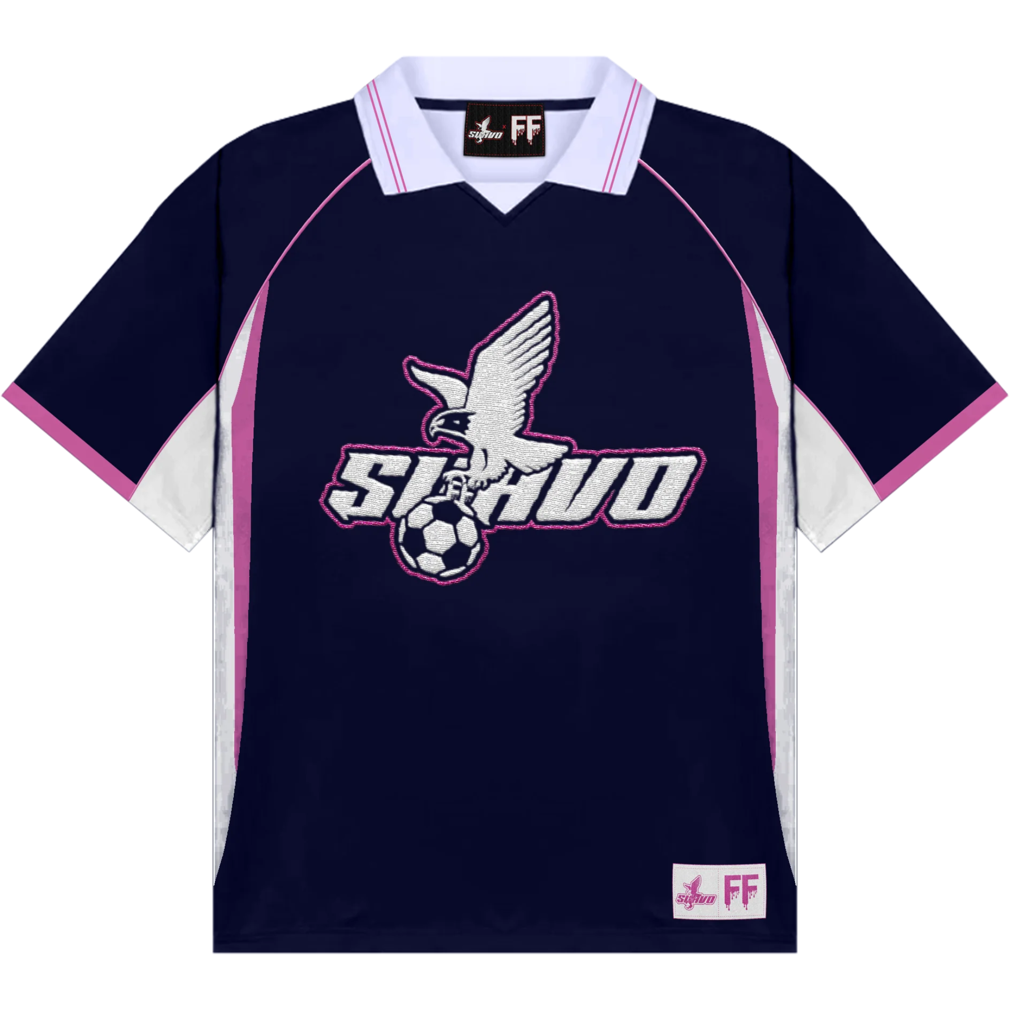 Suavo World navy football jersey with white and pink accents and eagle logo