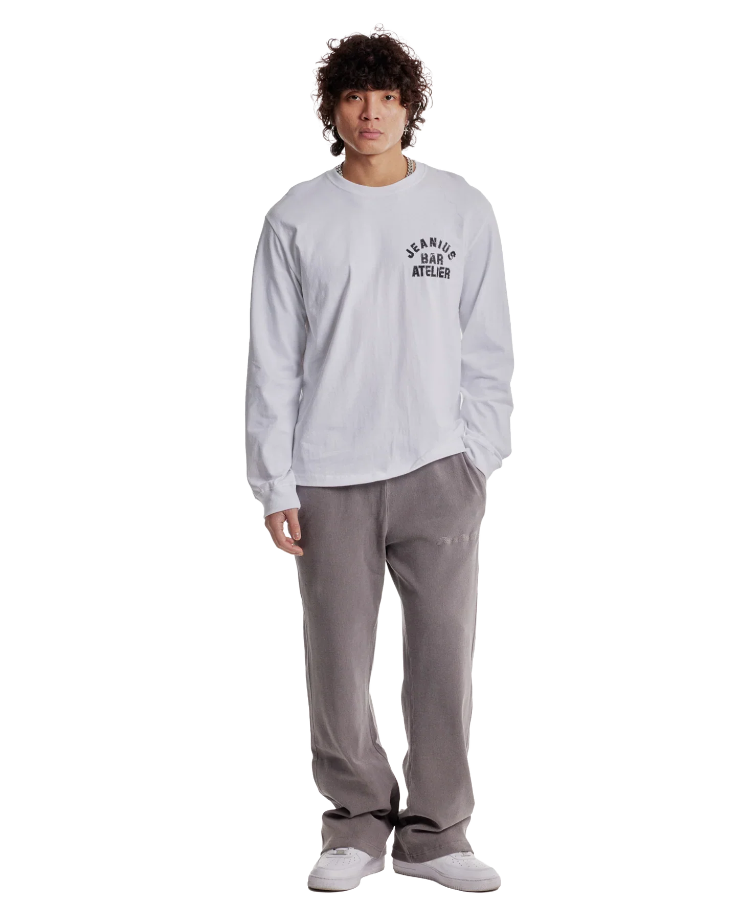 Jeanius Bar Atelier varsity long sleeve white and black t-shirt with vintage wash and relaxed fit