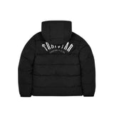 Trapstar Irongate reversible black puffer jacket with hood and white logo on back