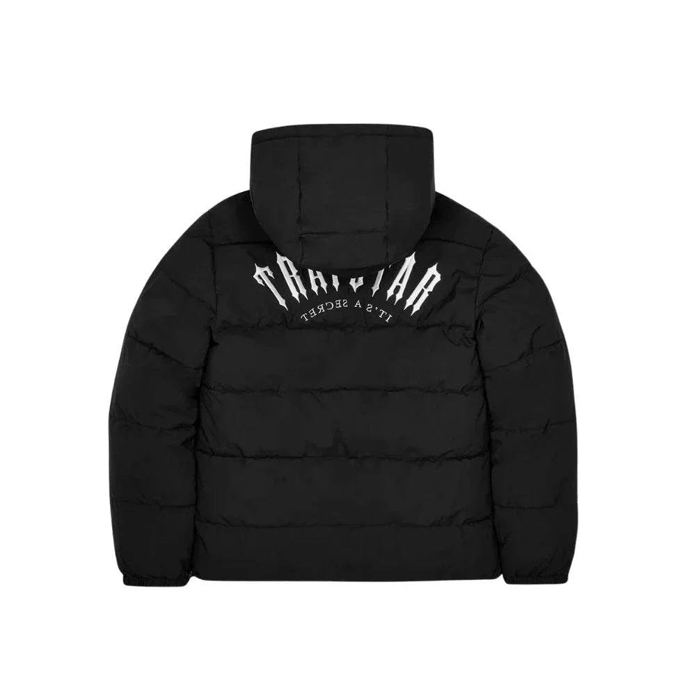 Trapstar Irongate reversible black puffer jacket with hood and white logo on back