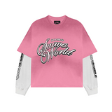 Washed pink long sleeve shirt with "Suavo World" graphic.