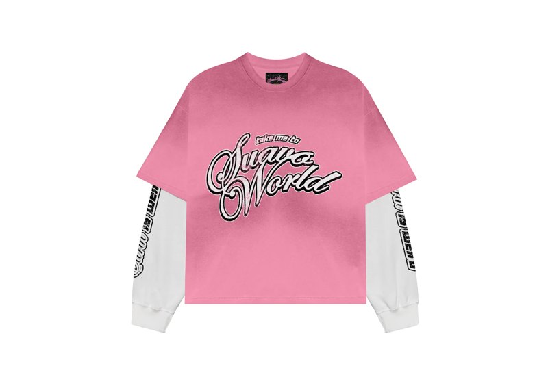 Washed pink long sleeve shirt with "Suavo World" graphic.