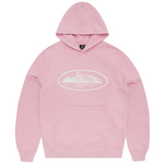 Pink Corteiz Alcatraz Hoodie with front graphic design.