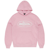 Pink Corteiz Alcatraz Hoodie with front graphic design.