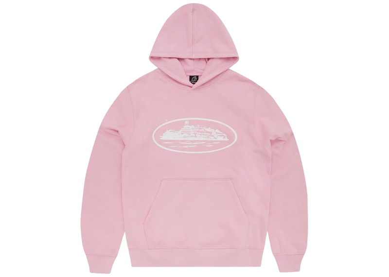 Pink Corteiz Alcatraz Hoodie with front graphic design.