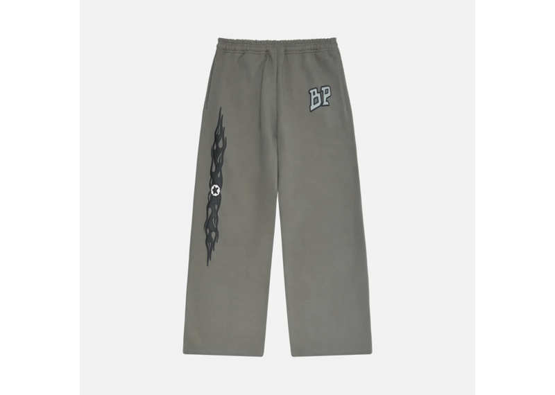 Broken Planet Gunmetal Grey wide-leg sweatpants with graphic design.