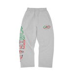 Heather grey Corteiz x Denim Tears open hem sweatpants with colorful branding details