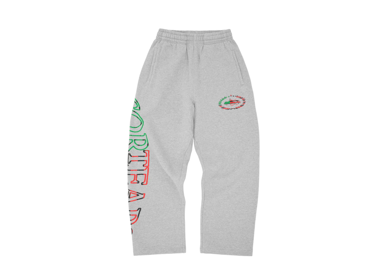 Heather grey Corteiz x Denim Tears open hem sweatpants with colorful branding details