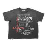 Suavo World Valley Of Saints T-Shirt on model, boxy relaxed fit, vintage wash, hand distressed, 100% cotton