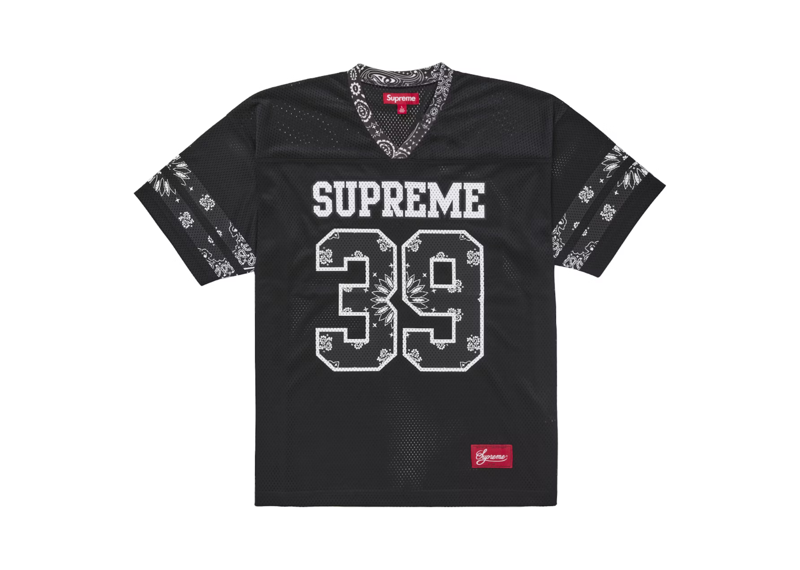 Black Supreme Bandana Football Jersey with white lettering and bandana accents.