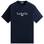 Navy blue Kith Locked In Tee with white text logo on front
