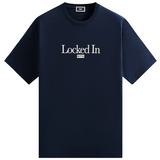 Navy blue Kith Locked In Tee with white text logo on front