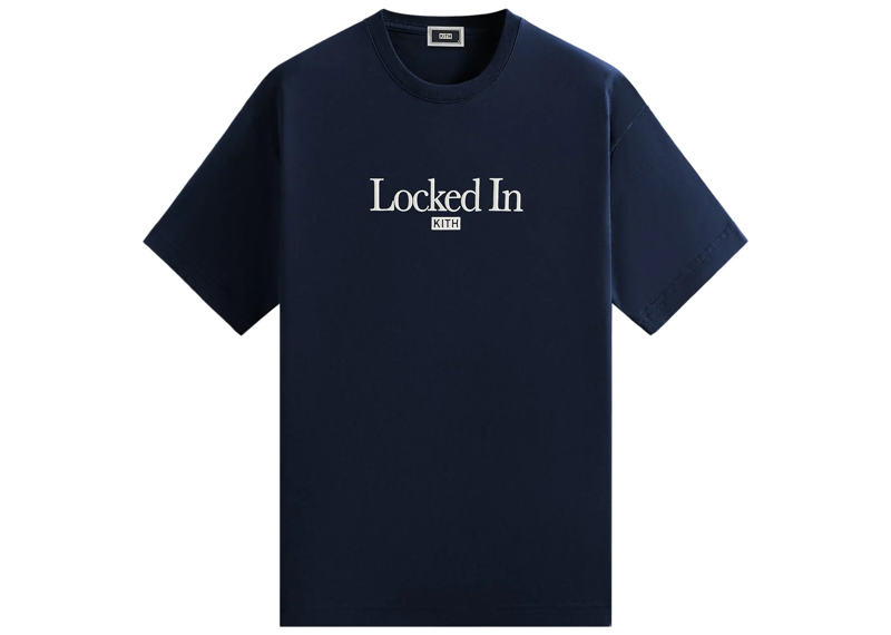 Navy blue Kith Locked In Tee with white text logo on front