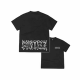 Corteiz Gothic Tee Black with large white gothic text on back and small chest logo.