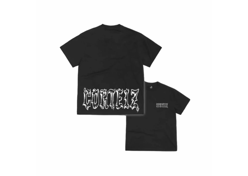 Corteiz Gothic Tee Black with large white gothic text on back and small chest logo.