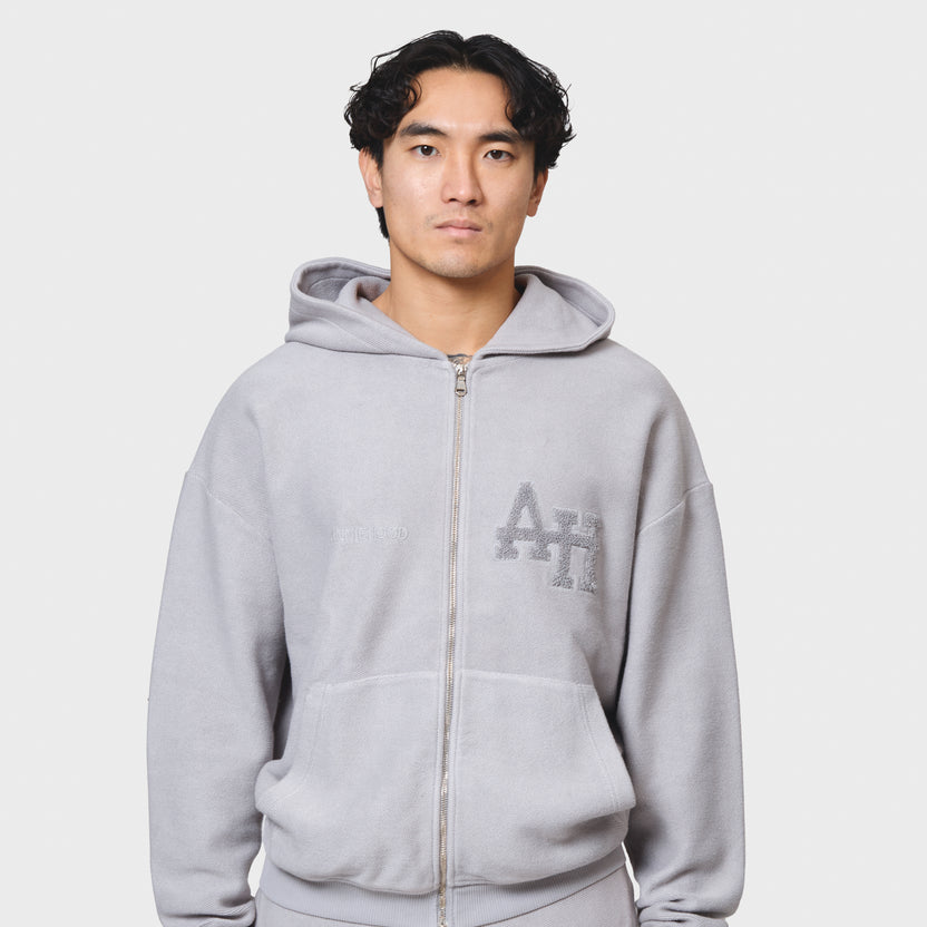 Annie Hood College Zip in washed grey, relaxed fit, 500gsm brushback cotton, garment dyed hoodie