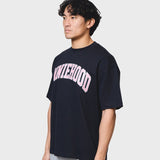 Navy ANNIE HOOD COLLEGE arch logo cotton t-shirt with relaxed fit worn by 6'0" model