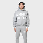 Grey ANNIE HOOD APPLIQUE HOODY made from 500gsm brushback cotton with relaxed fit on a tall model