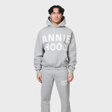 Grey ANNIE HOOD APPLIQUE HOODY made from 500gsm brushback cotton with relaxed fit on a tall model