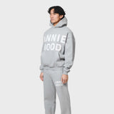 Grey ANNIE HOOD APPLIQUE HOODY made from 500gsm brushback cotton with relaxed fit, shown on a 6'0 model wearing size M