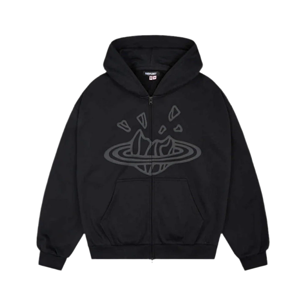 Black Broken Planet zip-up hoodie with graphic design and front pockets