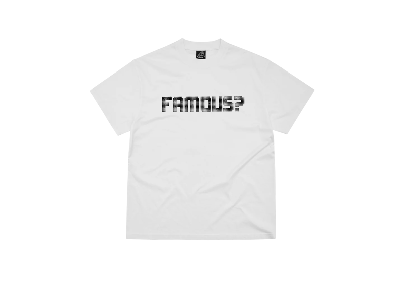 White Corteiz Famous? Tee with pixelated black text design on front