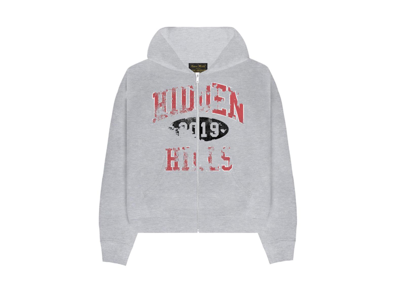 Suavo World grey zip-up hoodie with red Hidden Hills 2019 graphic design