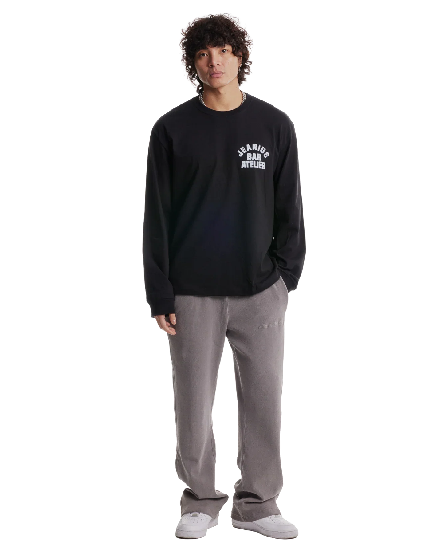 Jeanius Bar Atelier Varsity long sleeve black and white heavyweight french terry shirt with relaxed boxy fit and vintage wash