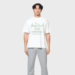 Annie Hood Factory T-shirt in white, 280gsm cotton, relaxed fit worn by 6'0" model in size M