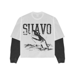 Suavo World Shark white long sleeve waffle shirt with shark graphic