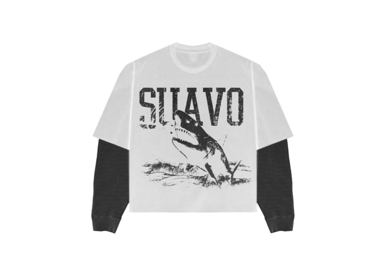 Suavo World Shark white long sleeve waffle shirt with shark graphic