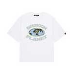 White Broken Planet Grid T-shirt with globe graphic and text logo