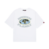 White Broken Planet Grid T-shirt with globe graphic and text logo
