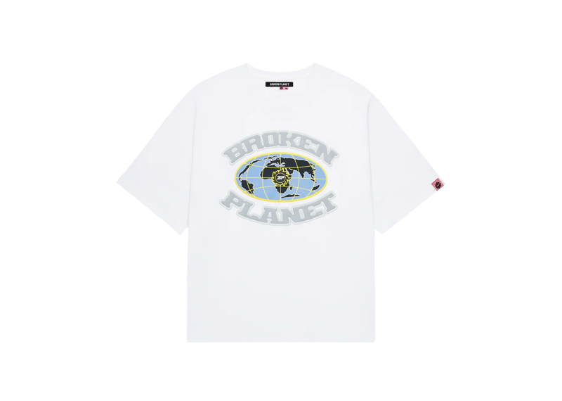 White Broken Planet Grid T-shirt with globe graphic and text logo