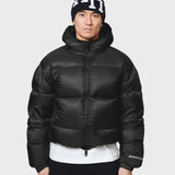 Annie Hood Hood Puffer jacket with 100% nylon outer and down filling, rain resistant, modeled in size M at 6'0"