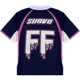 Suavo World x Footballer Fits navy jersey with dripping white "FF" graphic and pink accents